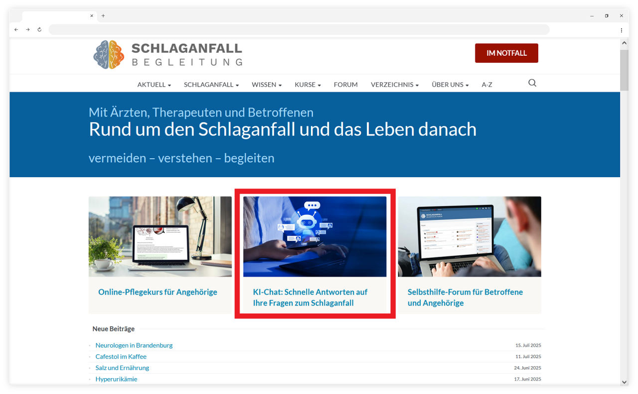 Screenshot der Webseite schlaganfallbegleitung.de mit markierter Stelle, an der sich der KI-Chat auf der Webseite befindet