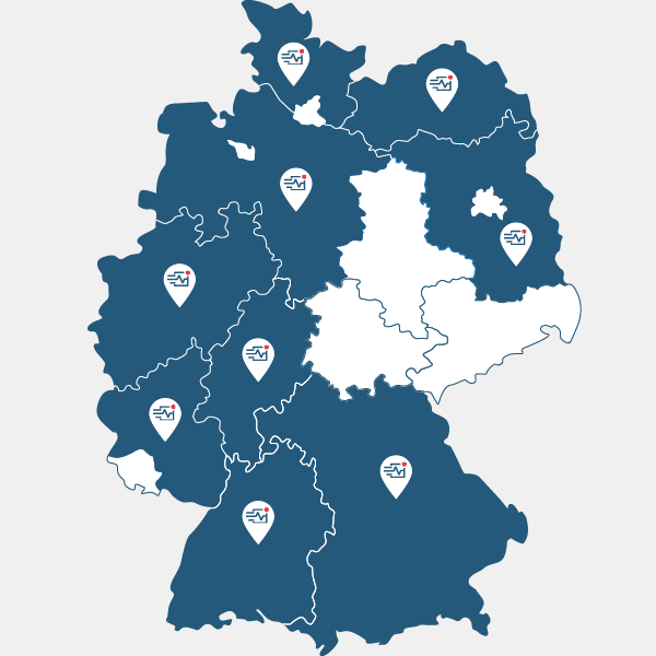 Deutschland als Grafik mit gekennzeichneten Bundesländern, in denen NIDAklinik implementiert wurde